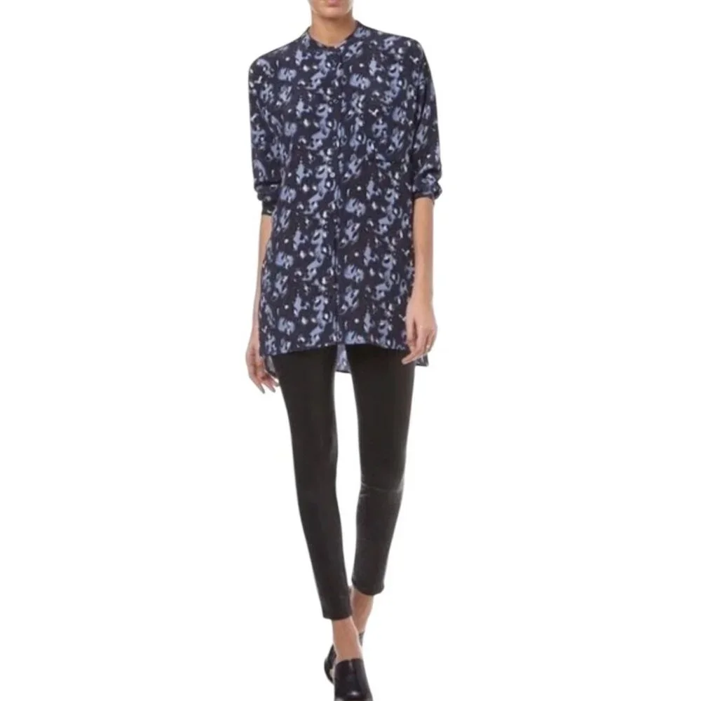 NWT Equipment Melodie Peacoat Blue Leopard Print Silk Tunic XS Reg. $278